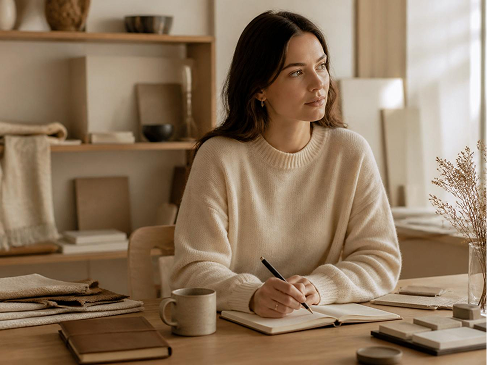 Woman working at desk with notebook and mug